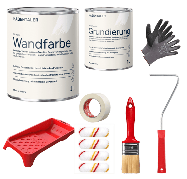 Wandfarbe - Komplettset - All - in - One mit Gratis Zubehör und Grundierung - Hagentaler